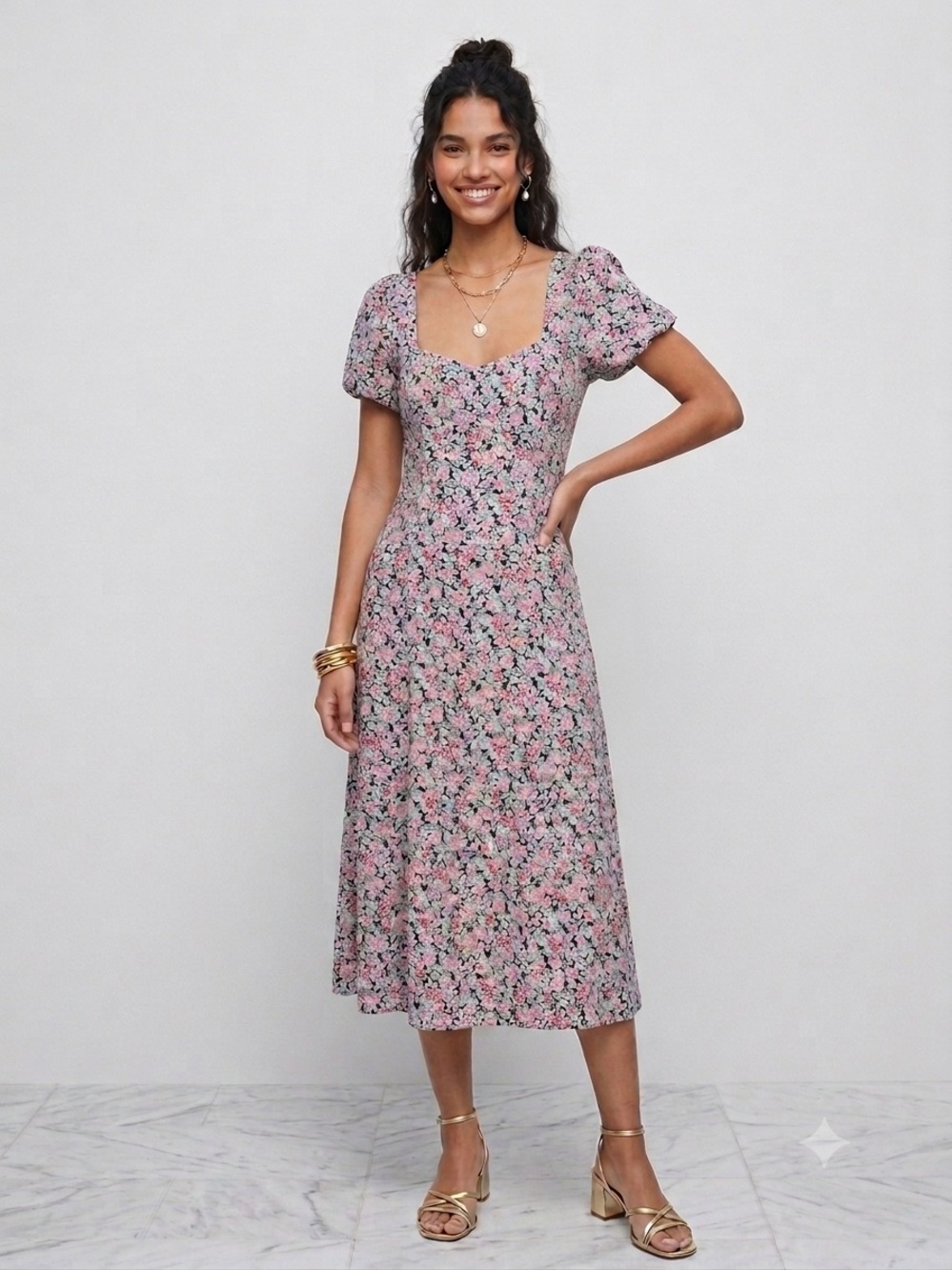 Lush Square Neck Puff Sleeve Midi Dress